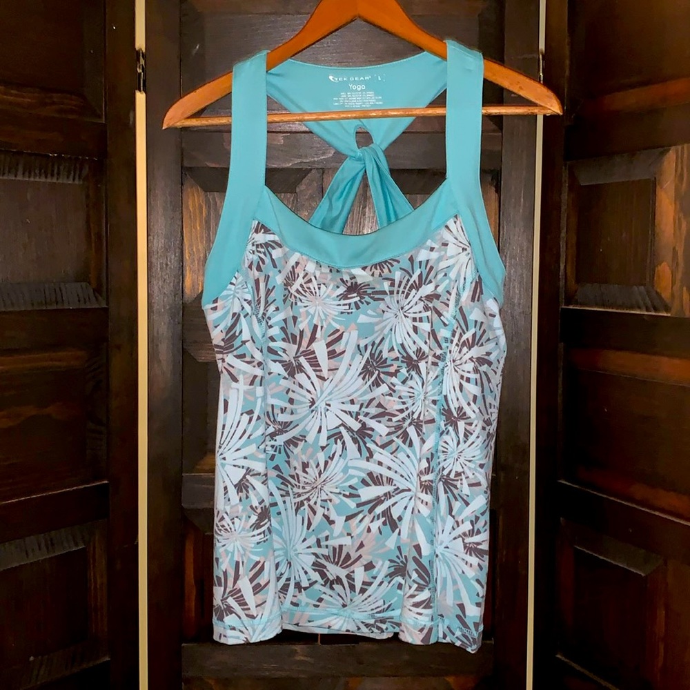 Tek Yoga tank top Women’s large x cross back Teal blue green tropical athletic